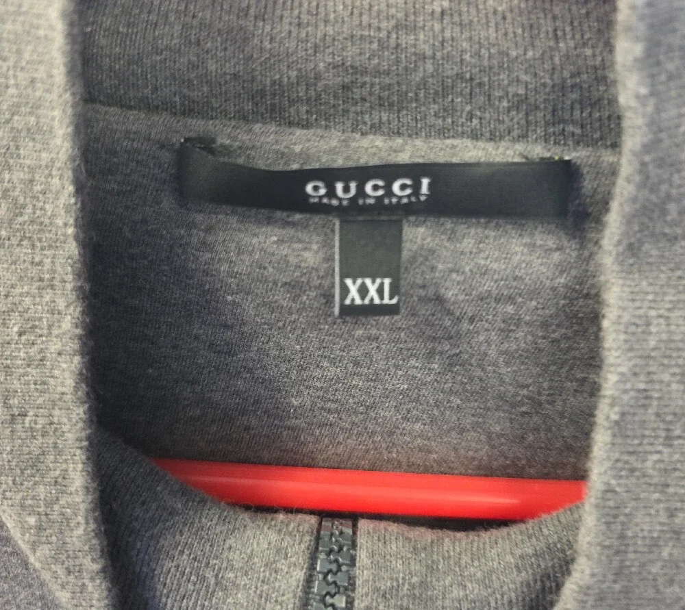 Gucci Men's Gray Zip-Up Sweater with Green and Red Chest Stripe